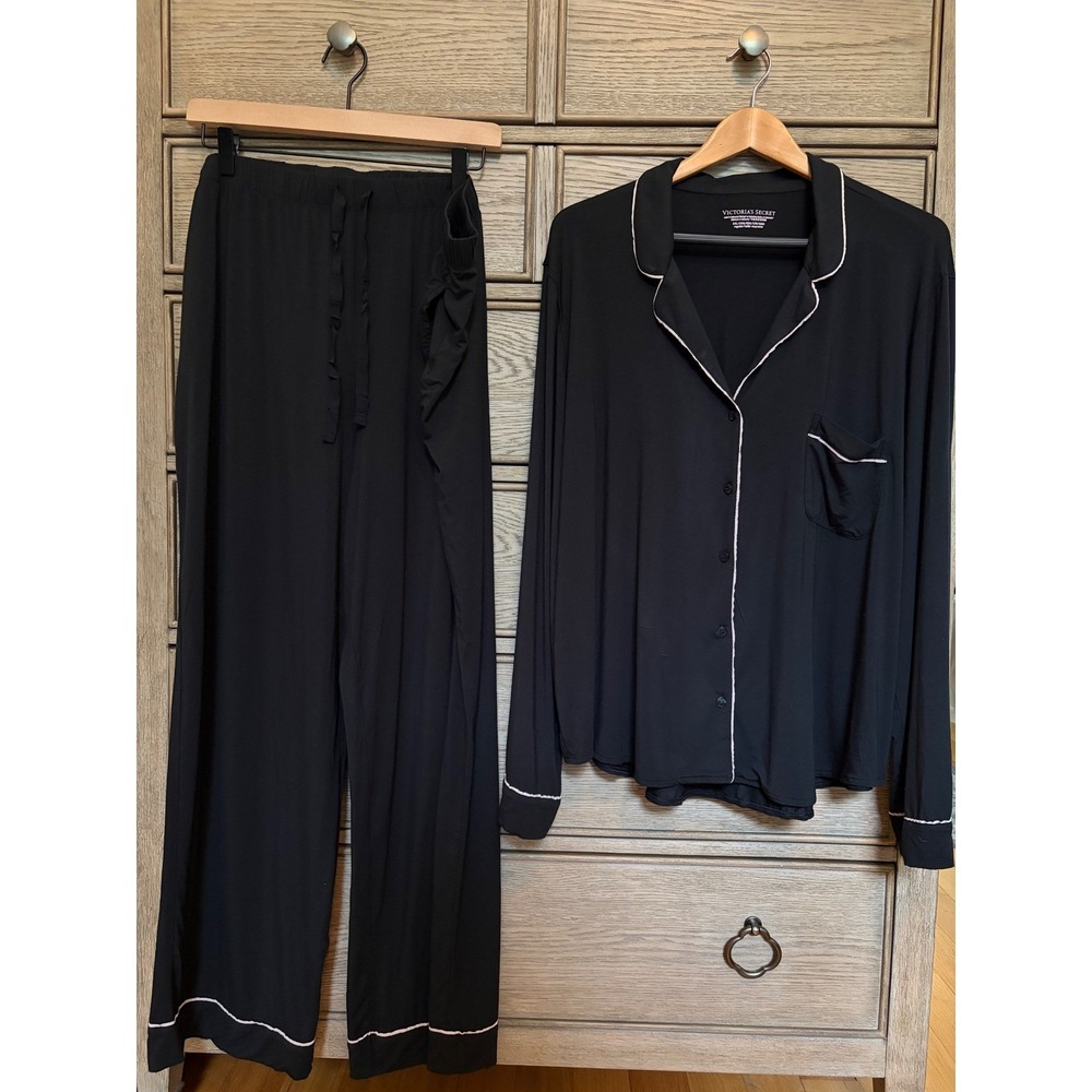 Victorias Secret Modal Pajama Set Black Soft Pink Piping XXL Long Sleeve Pants